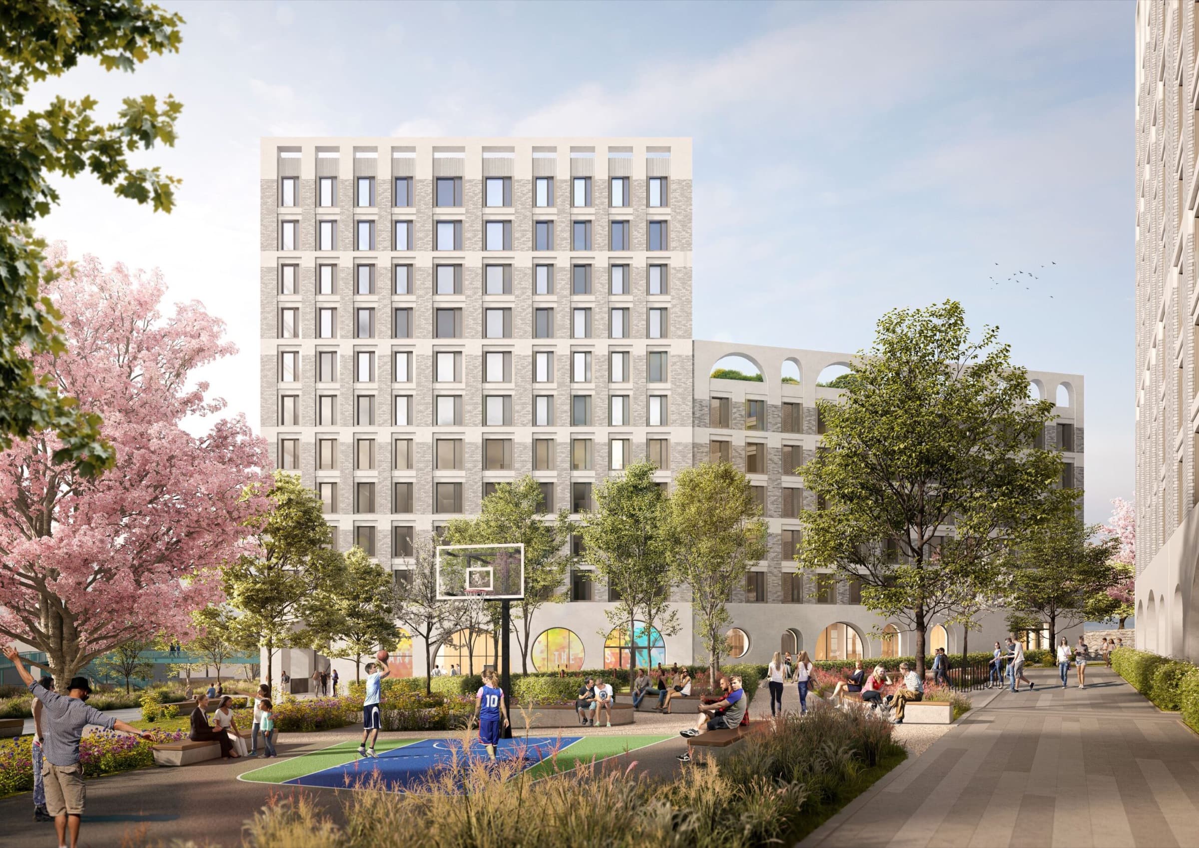 Silverthorne Lane student development, Bristol — landscaped courtyard between brick residential blocks